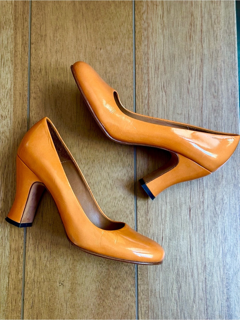 Vintage John Fluevog Miracles Medugorje Orange Patent Round-Toe Pumps